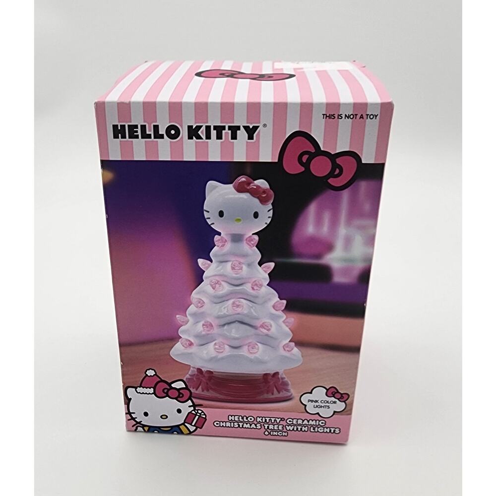 Hello Kitty Ceramic Christmas Tree With Lights 6" Sanrio NIB White w Pink Lights